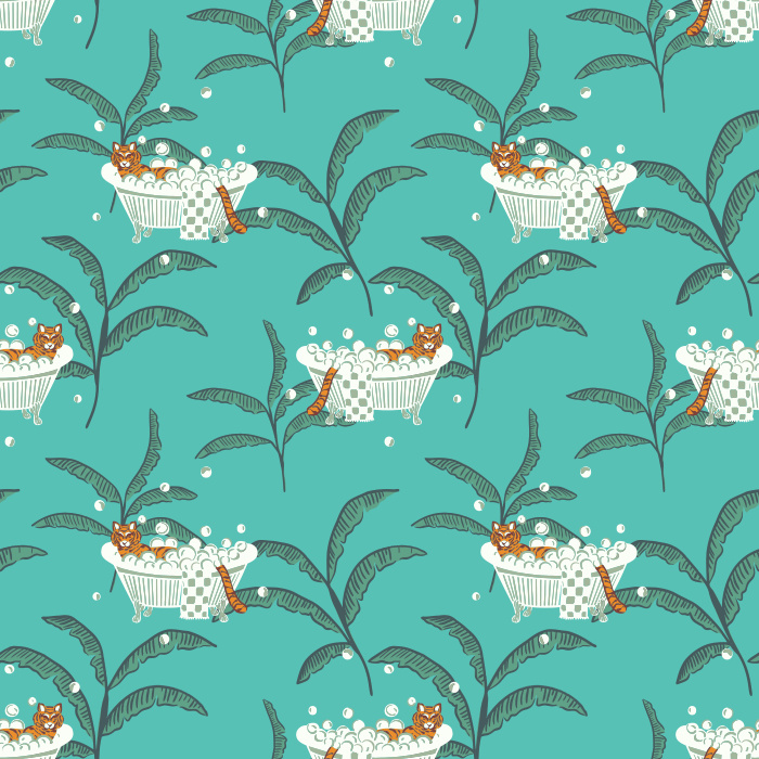Add a whimsical twist with our Tigers & Bathtubs wallpaper, featuring playful tigers lounging in tubs among green palms.