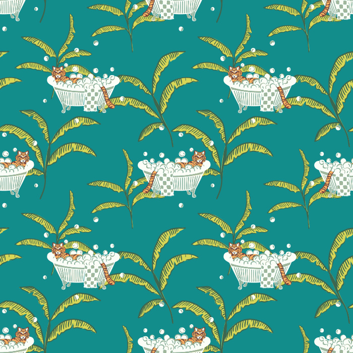 Add a whimsical twist with our Tigers & Bathtubs wallpaper, featuring playful tigers lounging in tubs among green palms.