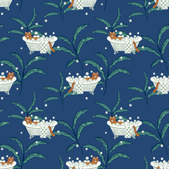 Add a whimsical twist with our Tigers & Bathtubs wallpaper, featuring playful tigers lounging in tubs among green palms.