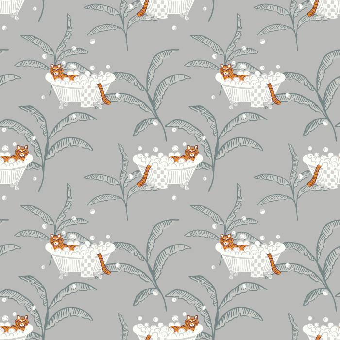 Add a whimsical twist with our Tigers & Bathtubs wallpaper, featuring playful tigers lounging in tubs among green palms.
