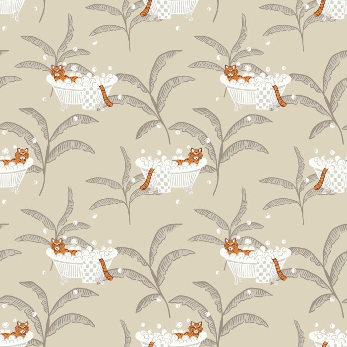 Add a whimsical twist with our Tigers & Bathtubs wallpaper, featuring playful tigers lounging in tubs among green palms.