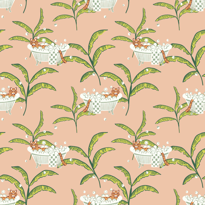 Add a whimsical twist with our Tigers & Bathtubs wallpaper, featuring playful tigers lounging in tubs among green palms.