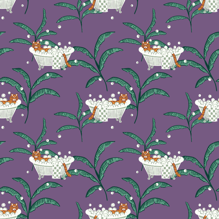Add a whimsical twist with our Tigers & Bathtubs wallpaper, featuring playful tigers lounging in tubs among green palms.