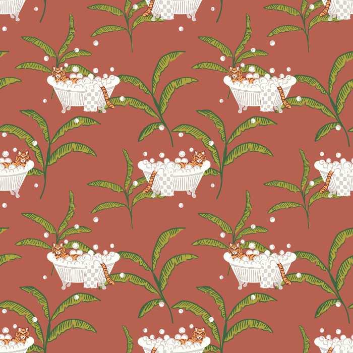 Add a whimsical twist with our Tigers & Bathtubs wallpaper, featuring playful tigers lounging in tubs among green palms.