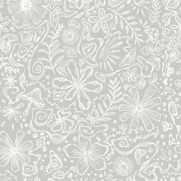 Bring eclectic artistry with our Cosmic Tangle wallpaper, a hand-drawn mix of florals, stars, mushrooms, and doodles on cream.