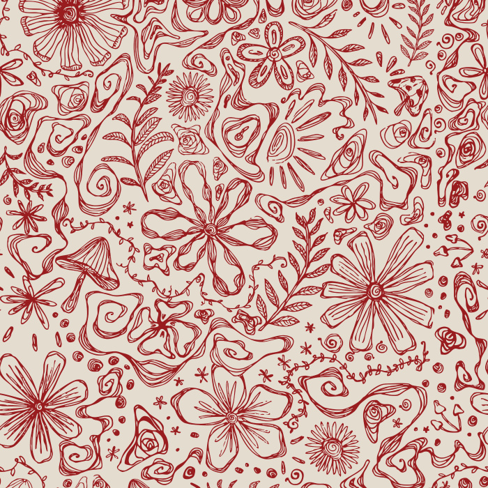 Bring eclectic artistry with our Cosmic Tangle wallpaper, a hand-drawn mix of florals, stars, mushrooms, and doodles on cream.