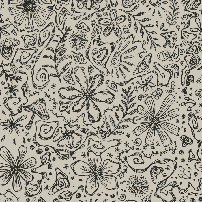 Bring eclectic artistry with our Cosmic Tangle wallpaper, a hand-drawn mix of florals, stars, mushrooms, and doodles on cream.