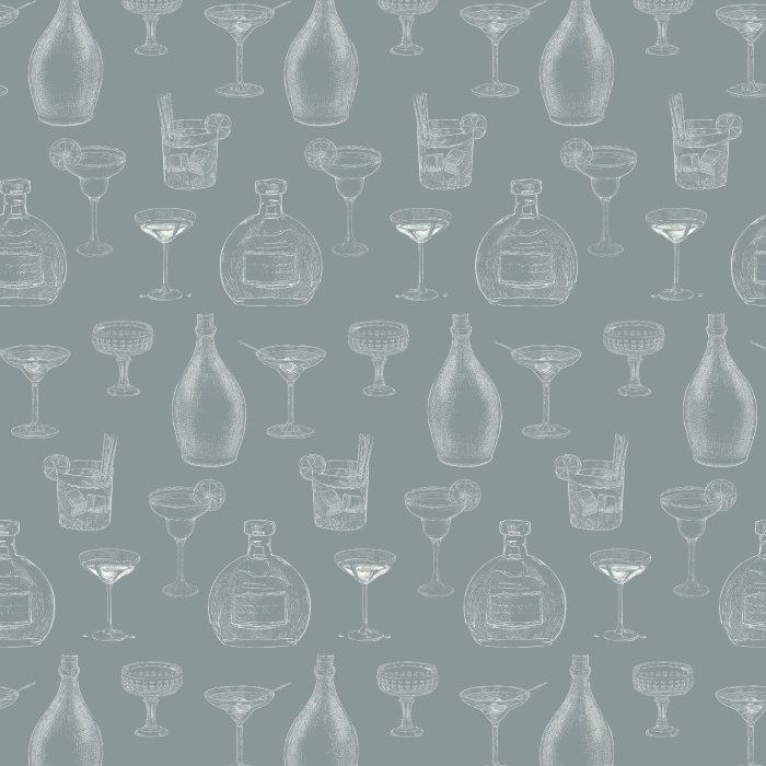 Bring retro sophistication with our Vintage Cocktails wallpaper, featuring sketch-style barware in gray on navy.