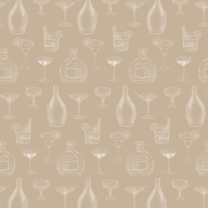 Bring retro sophistication with our Vintage Cocktails wallpaper, featuring sketch-style barware in gray on navy.