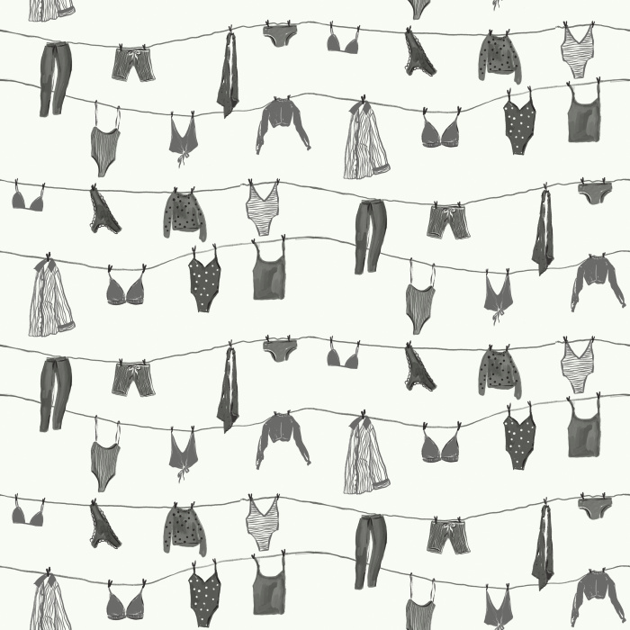 Bring playful summer vibes with our Bare Summer wallpaper, featuring pastel lingerie and garments on clotheslines.