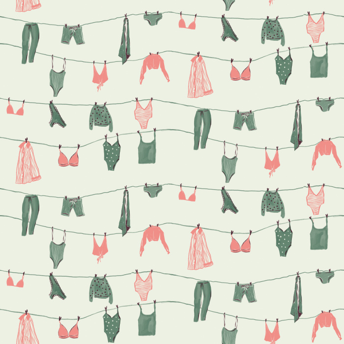Bring playful summer vibes with our Bare Summer wallpaper, featuring pastel lingerie and garments on clotheslines.