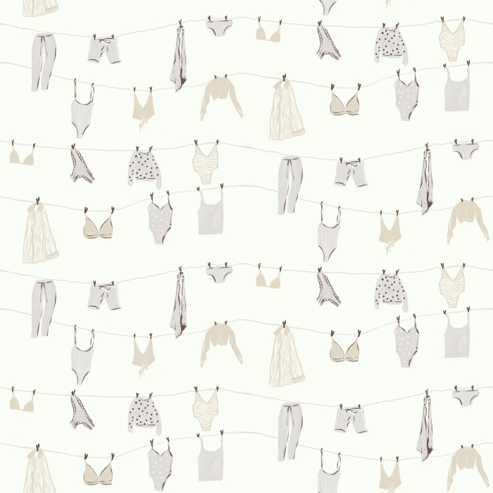 Bring playful summer vibes with our Bare Summer wallpaper, featuring pastel lingerie and garments on clotheslines.