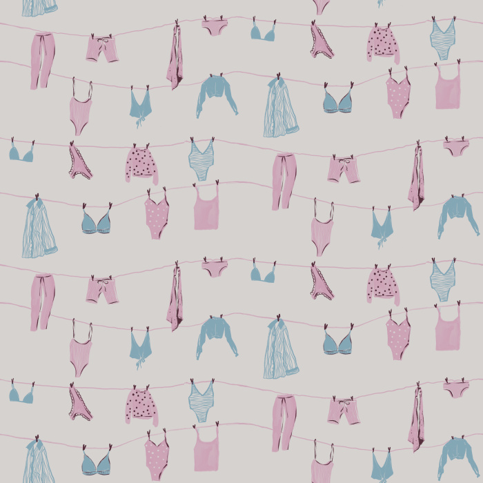 Bring playful summer vibes with our Bare Summer wallpaper, featuring pastel lingerie and garments on clotheslines.