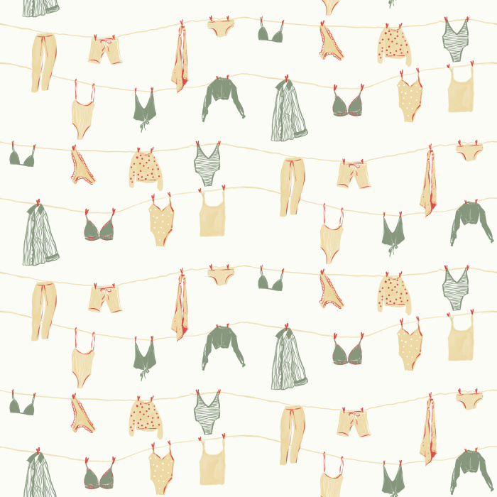 Bring playful summer vibes with our Bare Summer wallpaper, featuring pastel lingerie and garments on clotheslines.