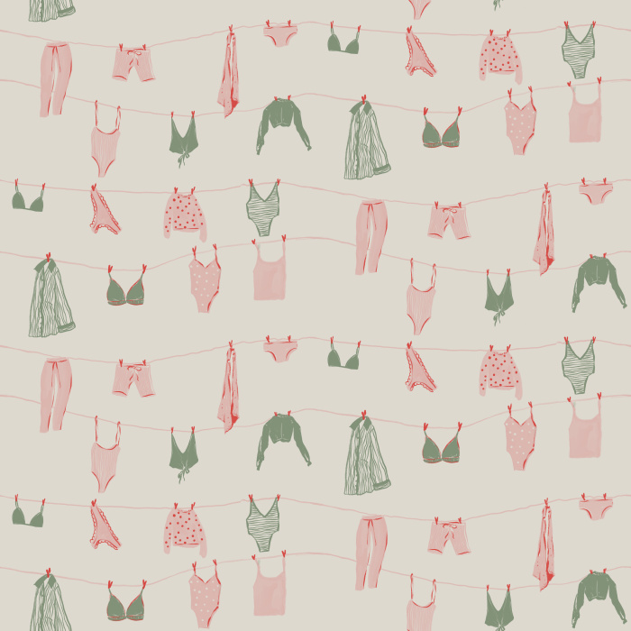 Bring playful summer vibes with our Bare Summer wallpaper, featuring pastel lingerie and garments on clotheslines.