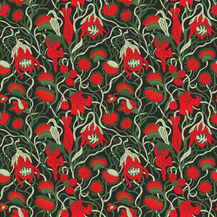 Bring bold botanical drama with our Carnivorous Plants wallpaper, featuring red blossoms and lush vines on deep green.