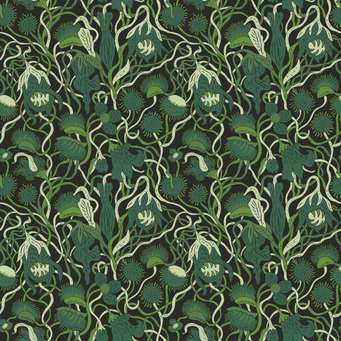Bring bold botanical drama with our Carnivorous Plants wallpaper, featuring red blossoms and lush vines on deep green.