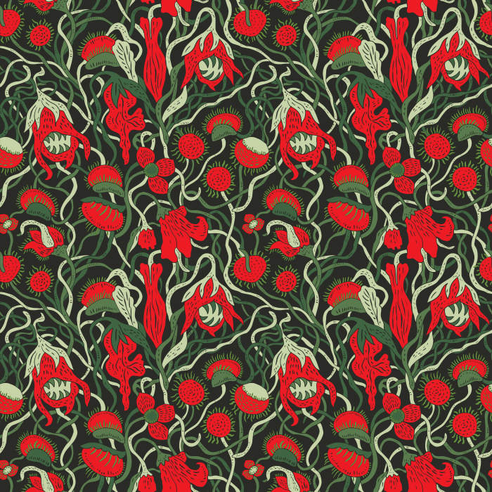 Bring bold botanical drama with our Carnivorous Plants wallpaper, featuring red blossoms and lush vines on deep green.