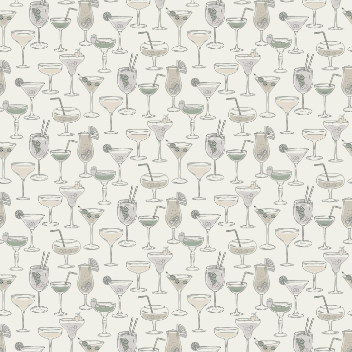 Bring a lively vibe with our Sip & Style wallpaper, featuring colorful cocktails and wine glasses on a soft cream background.