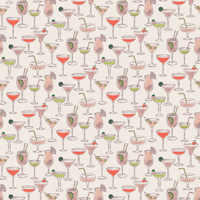 Bring a lively vibe with our Sip & Style wallpaper, featuring colorful cocktails and wine glasses on a soft cream background.