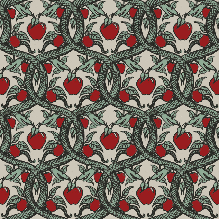 Enrich your walls with our Knowledge Tree wallpaper, featuring bold branches, green leaves, and red fruit on beige.