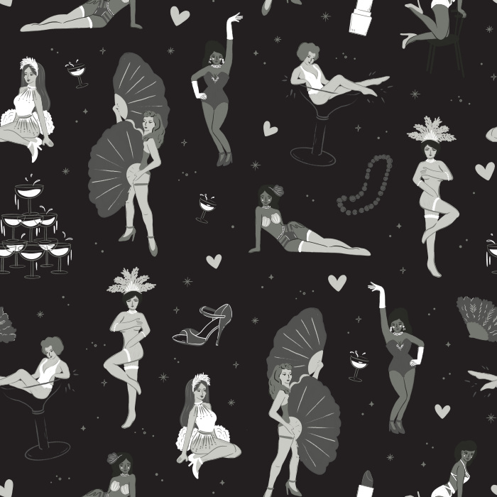 Step into vintage glamour with our Burlesque Dancers Wallpaper, featuring playful pinup dancers, red feather fans, and champagne motifs for a retro boudoir vibe.