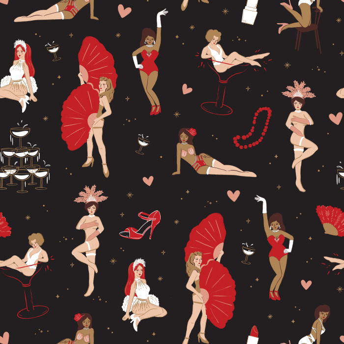 Step into vintage glamour with our Burlesque Dancers Wallpaper, featuring playful pinup dancers, red feather fans, and champagne motifs for a retro boudoir vibe.