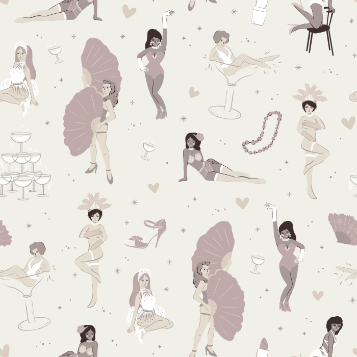 Step into vintage glamour with our Burlesque Dancers Wallpaper, featuring playful pinup dancers, red feather fans, and champagne motifs for a retro boudoir vibe.