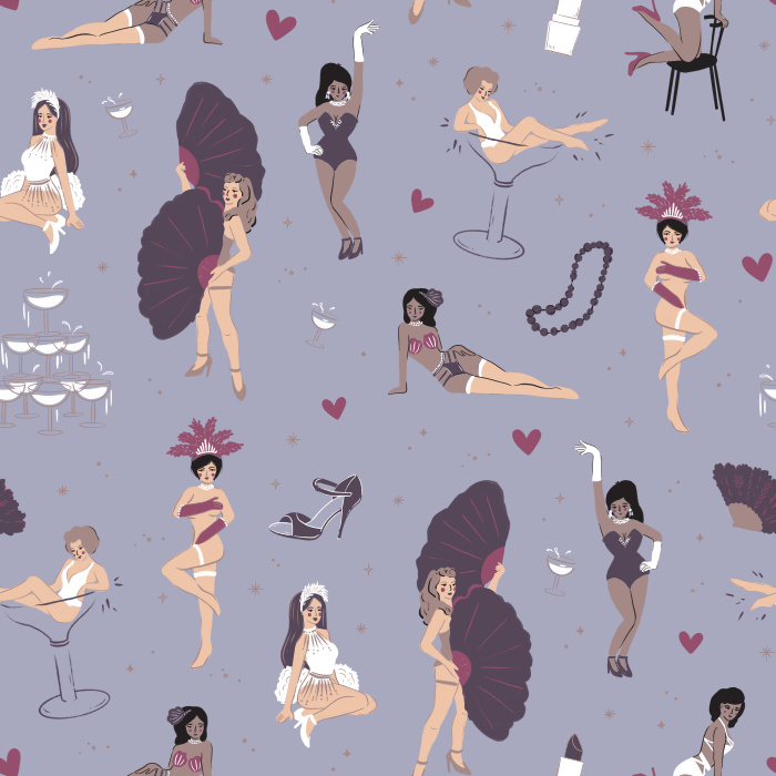 Step into vintage glamour with our Burlesque Dancers Wallpaper, featuring playful pinup dancers, red feather fans, and champagne motifs for a retro boudoir vibe.