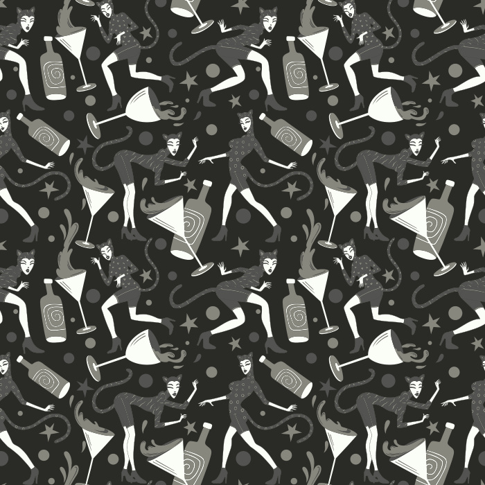 Bring bold personality to your walls with our Fine Feline Wallpaper, a playful pattern featuring stylish cats, cocktails, masks, and stars.