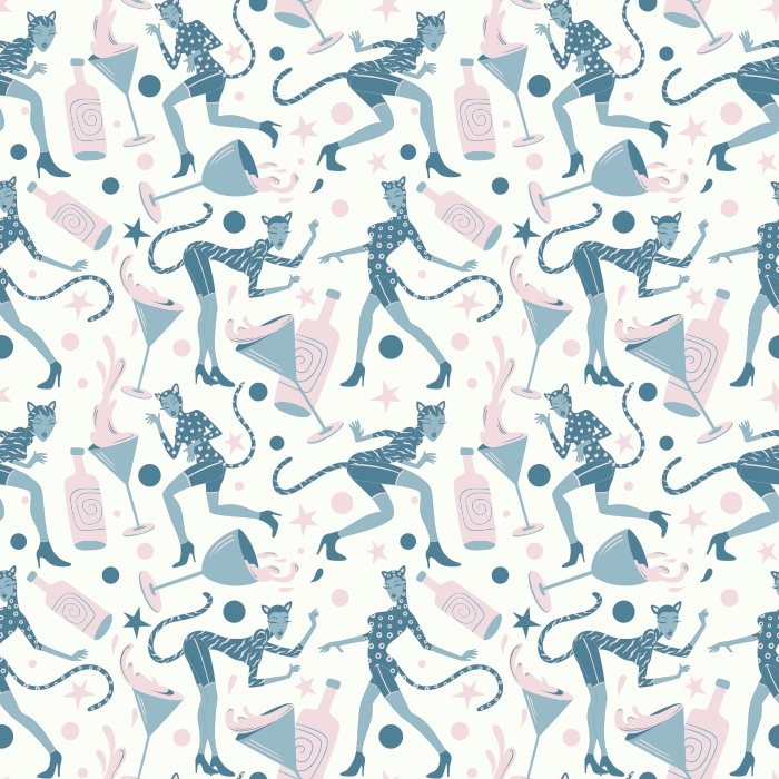 Bring bold personality to your walls with our Fine Feline Wallpaper, a playful pattern featuring stylish cats, cocktails, masks, and stars.