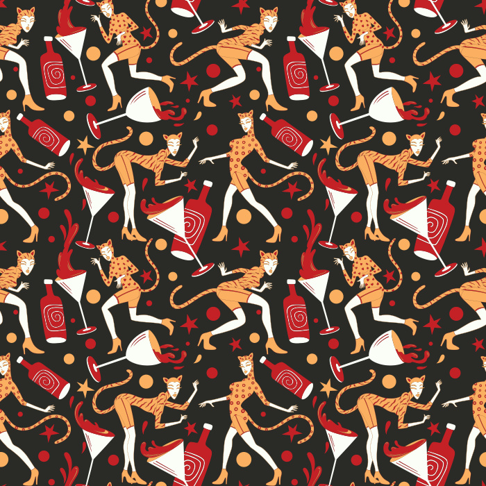 Bring bold personality to your walls with our Fine Feline Wallpaper, a playful pattern featuring stylish cats, cocktails, masks, and stars.