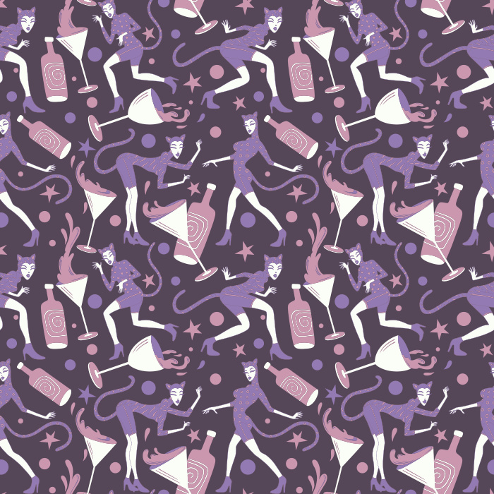 Bring bold personality to your walls with our Fine Feline Wallpaper, a playful pattern featuring stylish cats, cocktails, masks, and stars.