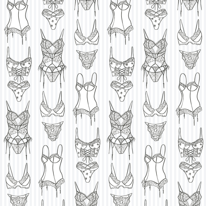 Add playful charm to your space with our Fun Lingerie Wallpaper, featuring a whimsical pattern of corsets, bras, and lingerie pieces.