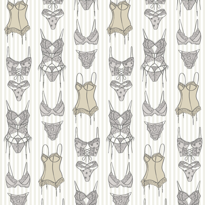 Add playful charm to your space with our Fun Lingerie Wallpaper, featuring a whimsical pattern of corsets, bras, and lingerie pieces.