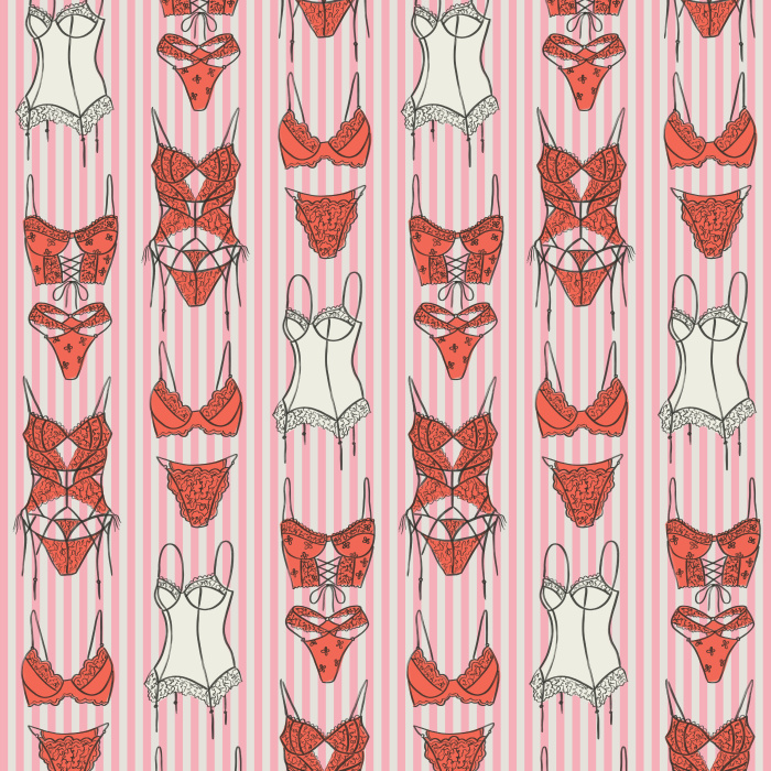 Add playful charm to your space with our Fun Lingerie Wallpaper, featuring a whimsical pattern of corsets, bras, and lingerie pieces.