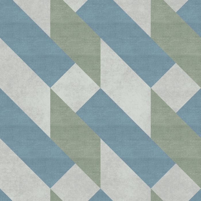 The Textured Diagonals Wallpaper features a bold geometric pattern with alternating angled stripes in calming shades of blue, green, and gray.