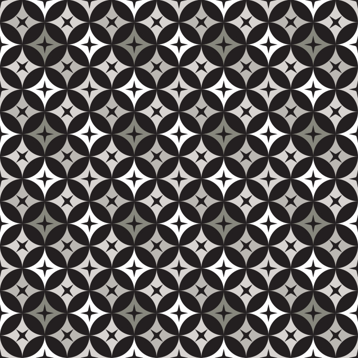 The Mod Stars Wallpaper features a retro-inspired geometric pattern of overlapping circles and star shapes in warm gold, soft green, and ivory tones.