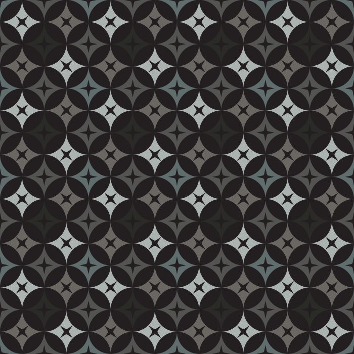 The Mod Stars Wallpaper features a retro-inspired geometric pattern of overlapping circles and star shapes in warm gold, soft green, and ivory tones.