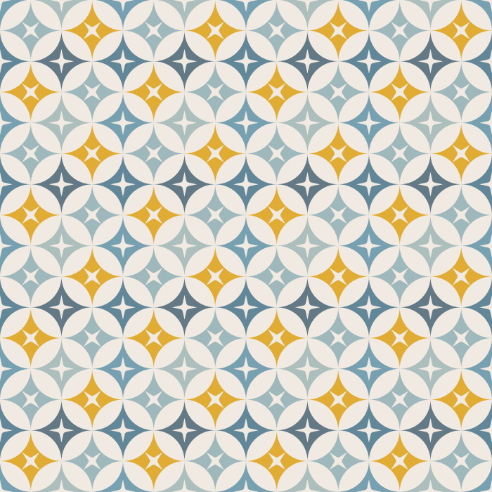 The Mod Stars Wallpaper features a retro-inspired geometric pattern of overlapping circles and star shapes in warm gold, soft green, and ivory tones.