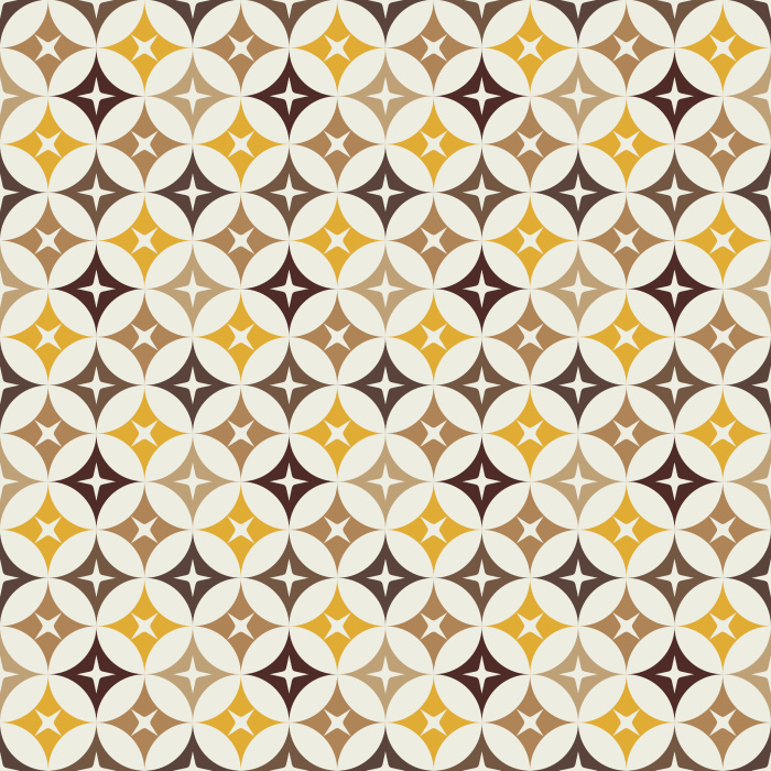 The Mod Stars Wallpaper features a retro-inspired geometric pattern of overlapping circles and star shapes in warm gold, soft green, and ivory tones.