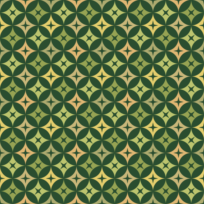 The Mod Stars Wallpaper features a retro-inspired geometric pattern of overlapping circles and star shapes in warm gold, soft green, and ivory tones.