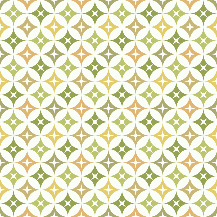 The Mod Stars Wallpaper features a retro-inspired geometric pattern of overlapping circles and star shapes in warm gold, soft green, and ivory tones.