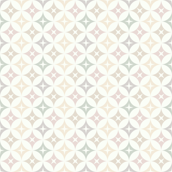 The Mod Stars Wallpaper features a retro-inspired geometric pattern of overlapping circles and star shapes in warm gold, soft green, and ivory tones.