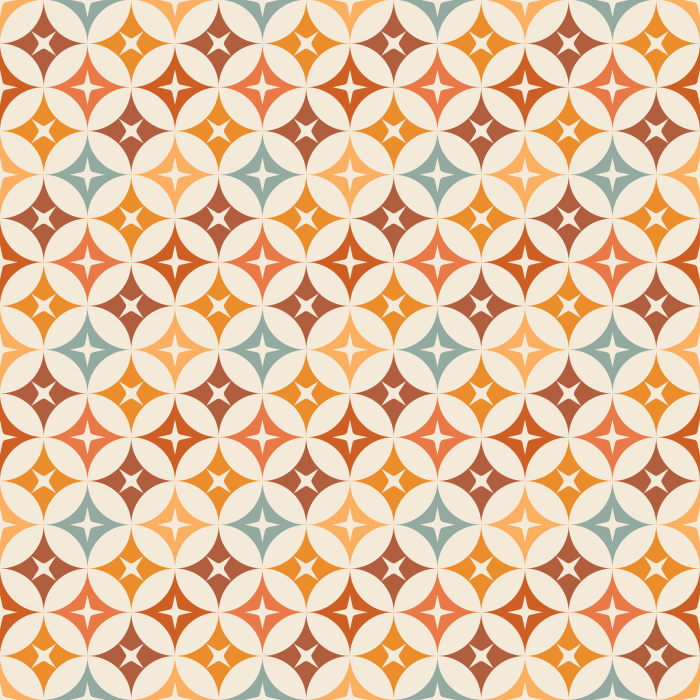 The Mod Stars Wallpaper features a retro-inspired geometric pattern of overlapping circles and star shapes in warm gold, soft green, and ivory tones.