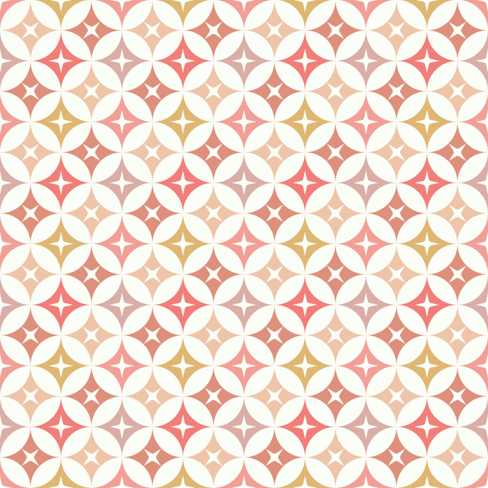 The Mod Stars Wallpaper features a retro-inspired geometric pattern of overlapping circles and star shapes in warm gold, soft green, and ivory tones.