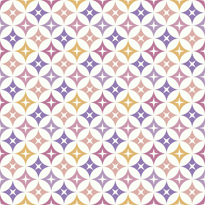 The Mod Stars Wallpaper features a retro-inspired geometric pattern of overlapping circles and star shapes in warm gold, soft green, and ivory tones.