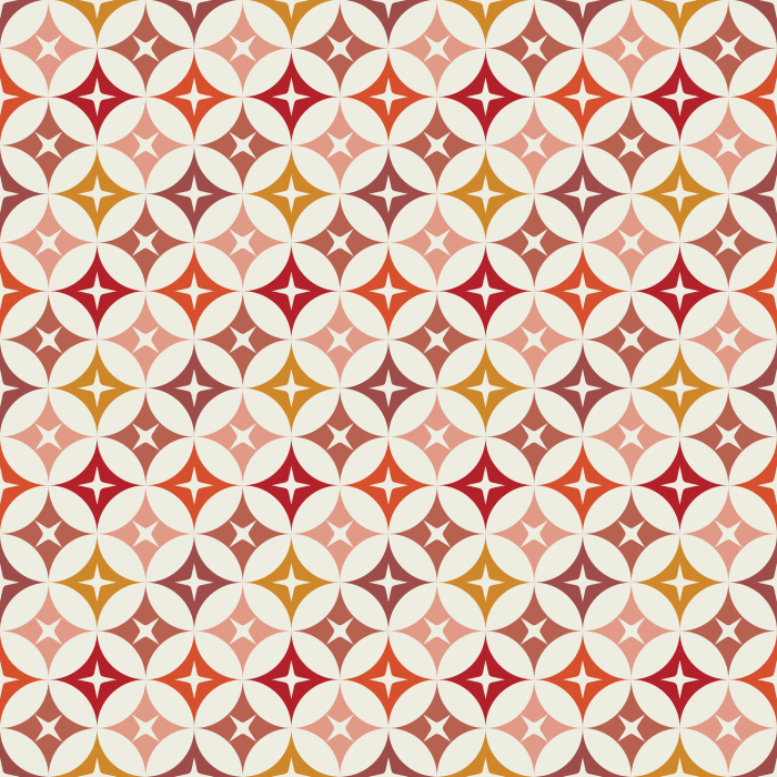 The Mod Stars Wallpaper features a retro-inspired geometric pattern of overlapping circles and star shapes in warm gold, soft green, and ivory tones.