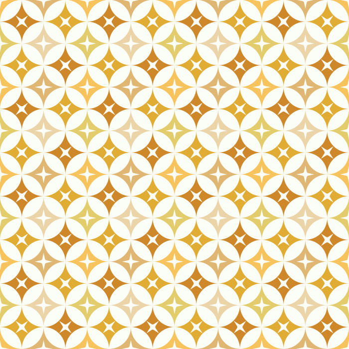 The Mod Stars Wallpaper features a retro-inspired geometric pattern of overlapping circles and star shapes in warm gold, soft green, and ivory tones.