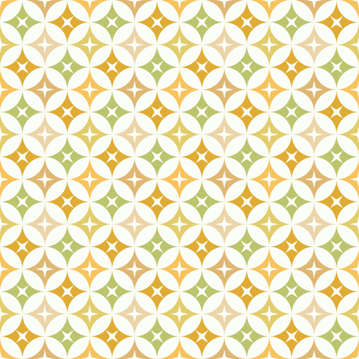 The Mod Stars Wallpaper features a retro-inspired geometric pattern of overlapping circles and star shapes in warm gold, soft green, and ivory tones.